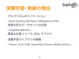 :
-
- ReLU, DropOut, Mini Batch, SGD(Adam), LSTM…
-
- ImageNet, MSCoCo…
- : GPU,
- :
- Theano, Torch, Caffe, TensorFlow, Chainer, MxNet, PyTorch…
 