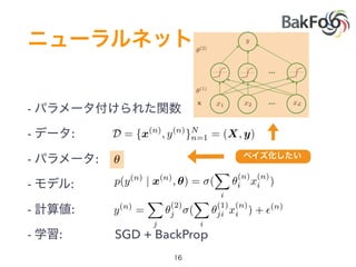 -
- :
- :
- :
- :
- : SGD + BackProp
…
…x1 x2 xd
✓(2)
✓(1)
x
y
y(n)
=
X
j
✓
(2)
j (
X
i
✓
(1)
ji x
(n)
i ) + ✏(n)
p(y(n)
| x(n)
, ✓) = (
X
i
✓
(n)
i x
(n)
i )
✓
D = {x(n)
, y(n)
}N
n=1 = (X, y)
 