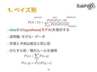 1.
- data hypothesis( )
- :
-
-
P(H | D) =
P(H)P(D | H)
P
H P(H)P(D|H)
P(x) =
X
y
P(x, y)
P(x, y) = P(x)P(y | x)
posterior likelihoodprior
evidence
 