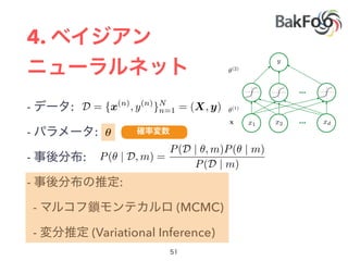 4.
- :
- :
- :
- :
- (MCMC)
- (Variational Inference)
…
…x1 x2 xd
✓(2)
✓(1)
x
y
✓
D = {x(n)
, y(n)
}N
n=1 = (X, y)
P(✓ | D, m) =
P(D | ✓, m)P(✓ | m)
P(D | m)
 