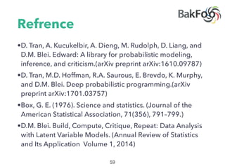 Refrence
•D. Tran, A. Kucukelbir, A. Dieng, M. Rudolph, D. Liang, and
D.M. Blei. Edward: A library for probabilistic modeling,
inference, and criticism.(arXiv preprint arXiv:1610.09787)
•D. Tran, M.D. Hoffman, R.A. Saurous, E. Brevdo, K. Murphy,
and D.M. Blei. Deep probabilistic programming.(arXiv
preprint arXiv:1701.03757)
•Box, G. E. (1976). Science and statistics. (Journal of the
American Statistical Association, 71(356), 791–799.)
•D.M. Blei. Build, Compute, Critique, Repeat: Data Analysis
with Latent Variable Models. (Annual Review of Statistics
and Its Application Volume 1, 2014)
 