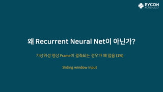 왜 Recurrent Neural Net이 아닌가?
기상위성 영상 Frame이 결측되는 경우가 꽤 많음 (1%)
Sliding window input
 