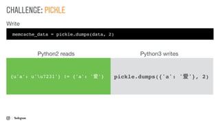 pickle.dumps({'a': '爱'}, 2){u'a': u'u7231'} != {'a': '爱'}
Python2 reads Python3 writes
memcache_data = pickle.dumps(data, 2)
Write
CHALLENGE: PICKLE
 