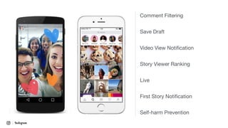 Video View Notiﬁcation
Save Draft
Comment Filtering
Story Viewer Ranking
First Story Notiﬁcation
Self-harm Prevention
Live
 