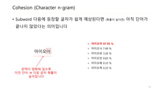 Cohesion (Character n-gram)
• Subword 다음에 등장할 글자가 쉽게 예상된다면 (확률이 높다면) 아직 단어가
끝나지 않았다는 의미입니다
아이오아
> 아이오아 87.95 %
> 아이오닉 7.49 %
> 아이오와 3.26 %
> 아이오빈 0.65 %
> 아이오페 0.33 %
> 아이오케 0.33 %
문맥이 명확해 질수록
이전 단어  다음 글자 확률이
높아집니다
14
 