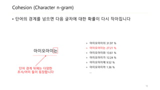 Cohesion (Character n-gram)
• 단어의 경계를 넘으면 다음 글자에 대한 확률이 다시 작아집니다
아이오아이는
> 아이오아이의 31.97 %
> 아이오아이는 27.21 %
> 아이오아이와 13.61 %
> 아이오아이가 12.24 %
> 아이오아이에 9.52 %
> 아이오아이까 1.36 %
…
16
단어 경계 뒤에는 다양한
조사/어미 들이 등장합니다
 