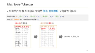 Max Score Tokenizer
• 띄어쓰기가 잘 되어있지 않다면 아는 단어부터 잘라내면 됩니다
cohesions = {'파스': 0.3, '파스타': 0.7, '좋아요': 0.2, '좋아':0.5}
score = lambda x: cohesions.get(x, 0)
[('파스타', 0, 3, 0.7),
('좋아', 4, 6, 0.5),
('파스', 0, 2, 0.3),
('좋아요', 4, 7, 0.2),
('스타', 1, 3, 0),
('스타가', 1, 4, 0),
('타가', 2, 4, 0),
('타가좋', 2, 5, 0),
('가좋', 3, 5, 0),
('가좋아', 3, 6, 0),
('아요', 5, 7, 0)]
[('파스타', 0, 3, 0.7),
('좋아', 4, 6, 0.5),
('파스', 0, 2, 0.3),
('좋아요', 4, 7, 0.2),
('스타', 1, 3, 0),
('스타가', 1, 4, 0),
('타가', 2, 4, 0),
('타가좋', 2, 5, 0),
('가좋', 3, 5, 0),
('가좋아', 3, 6, 0),
('아요', 5, 7, 0)]
[파스타, 가, 좋아, 요]
[파스타]가좋아요 [파스타]가[좋아]요
25
 