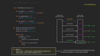 from rx import Observable, Observer
class PrintObserver(Observer):
def on_next(self, value):
print('on_next value:%s’ % (value))
def on_completed(self):
print('on_completed !')
def on_error(self, value):
print('on_error value:%s’ % (value))
def observer_generator(observer):
observer.on_next(“break")
observer.on_next(“the ice!")
while True:
message = input()
if message:
observer.on_next(message)
else:
observer.on_completed()
break
def main():
observable = Observable.create(observer_generator)
observable.subscribe(PrintObserver())
ice_breaking.py
Observable
(Data forwarder)
Observable
(Data receiver)
subscribe()
next(‘break’)
next(‘the ice!’)
next(‘message’)
print()
print()
print()
on_next
on_next
on_next
completed()
on_completed print()
1. You can expand incoming messages by using
Predefined object in Subscribe method.
 