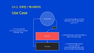 Use Case
CH 3. 코루틴 / 제너레이터
Large Data
Memory
Process
yield
1. 실시간으로 읽어들이는 커서에서
데이터셋이 500개가 쌓일 때마다
yield return
2. 실제로 메모리에는 500개 데이터뿐이니
메모리 부족 문제는 없음
3. 500개의 데이터를 가공하고
Process가 끝나면
500개 데이터를 메모리에서 비움
마찬가지로 메모리 부족 문제 없음
4. Process가 끝나면
다시 Large Data에서 500개의
데이터를 가져옴.
 