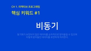 핵심 키워드 #1
CH 1. 리액티브 프로그래밍
비동기
동기화가 보장되지 않은 데이터를 순차적으로 받아들일 수 있으며
이렇게 받아들인 데이터를 유연하게 처리한다.
 
