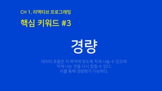 핵심 키워드 #3
CH 1. 리액티브 프로그래밍
경량
데이터 흐름은 각 목적에 맞도록 작게 나눌 수 있으며
작게 나눈 것을 다시 합칠 수 있다.
이를 통해 경량화가 가능하다.
 