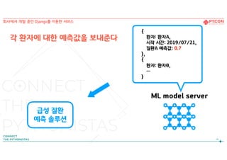 각 환자에 대한 예측값을 보내준다
14
회사에서 개발 중인 Django를 이용한 서비스
급성 질환
예측 솔루션
ML model server
{
환자: 환자A,
시작 시간: 2019/07/21,
질환A 예측값: 0.7
},
{
환자: 환자B, 
…
}
 
