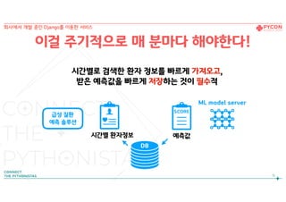 이걸 주기적으로 매 분마다 해야한다!
시간별로 검색한 환자 정보를 빠르게 가져오고,
받은 예측값을 빠르게 저장하는 것이 필수적
예측값시간별 환자정보
15
회사에서 개발 중인 Django를 이용한 서비스
급성 질환
예측 솔루션
ML model server
SCORE
DB
 