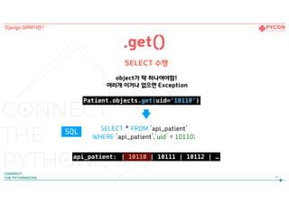 SELECT * FROM `api_patient`  
WHERE `api_patient`.`uid` = 10110;
SELECT 수행
object가 딱 하나여야함!
여러개 이거나 없으면 Exception
.get()
19
Django ORM이란?
Patient.objects.get(uid=‘10110’)
| 10110 | 10111 | 10112 | …api_patient:
SQL
 