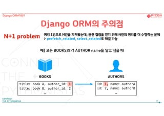 Django ORM의 주의점
N+1 problem 쿼리 1번으로 N건을 가져왔는데, 관련 컬럼을 얻기 위해 N번의 쿼리를 더 수행하는 문제 
> prefetch_related, select_related로 해결 가능
BOOKS AUTHORS
예) 모든 BOOKS의 각 AUTHOR name을 알고 싶을 때
26
title: book A, author_id: 1
title: book B, author_id: 2
…
id: 1, name: authorA
id: 2, name: authorB
…
Django ORM이란?
 