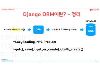 28
Django ORM이란? - 정리
Django ORM이란?
Patient.objects.all() SELECT * FROM patient;ORM
SQL
DATABASE
-Lazy loading, N+1 Problem
-get(), save(), get_or_create(), bulk_create()
 