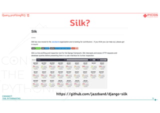 Silk?
https://github.com/jazzband/django-silk
Silk?
36
Query profiling하는 법
 