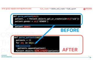 def parse_patients(objs):
patients = []
for obj in objs:
…
patients.append(patient)
Patient.objects.bulk_create(patients)
def parse_patient(obj):
patient, _ = Patient.objects.get_or_create(uid=obj[‘uid’])
patient.gender = obj[‘GENDER’]
…
patient.save()
AFTER
BEFORE
51
API로 들어온 대용량의 데이터를 빠르게 DB로 bulk_create -> delete_and_create -> bulk_upsert
 