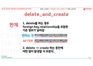 한계
delete_and_create
58
API로 들어온 대용량의 데이터를 빠르게 DB로 bulk_create -> delete_and_create -> bulk_upsert
gender uid first_name death_dt birth
F 1002495111 Soyoung
Yoon
2019-07-17 1997-10-30원하는 것
AFTER gender uid first_name death_dt birth
NULL 1002495111 NULL 2019-07-17 NULL
1. delete를 하는 경우
foreign key relationship을 포함한  
기존 정보가 날라감
2. delete -> create 하는 동안에  
어떤 일이 발생할 지 모른다.
 
