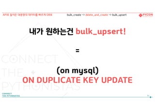 내가 원하는건 bulk_upsert!
=
 
(on mysql)
ON DUPLICATE KEY UPDATE
62
API로 들어온 대용량의 데이터를 빠르게 DB로 bulk_create -> delete_and_create -> bulk_upsert
 