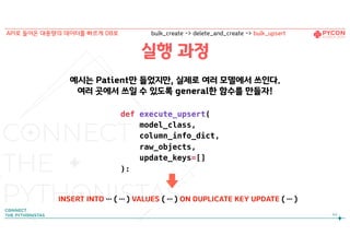 실행 과정
def execute_upsert(
model_class,
column_info_dict,
raw_objects,
update_keys=[]
):
64
예시는 Patient만 들었지만, 실제로 여러 모델에서 쓰인다. 
여러 곳에서 쓰일 수 있도록 general한 함수를 만들자!
INSERT INTO … ( … ) VALUES ( … ) ON DUPLICATE KEY UPDATE ( … )
API로 들어온 대용량의 데이터를 빠르게 DB로 bulk_create -> delete_and_create -> bulk_upsert
 