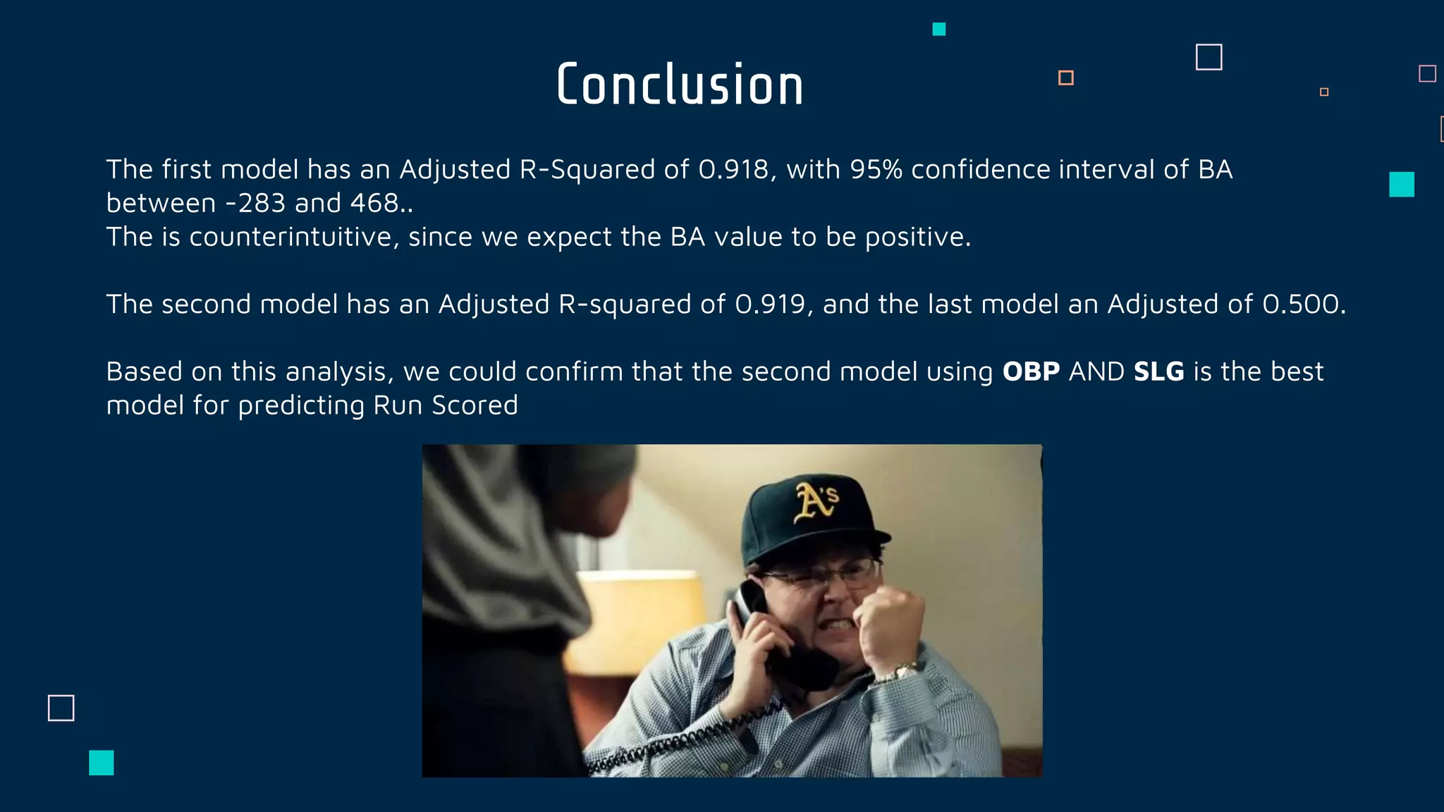 Conclusion
The first model has an Adjusted R-Squared of 0.918, with 95% confidence interval of BA
between -283 and 468..
The is counterintuitive, since we expect the BA value to be positive.
The second model has an Adjusted R-squared of 0.919, and the last model an Adjusted of 0.500.
Based on this analysis, we could confirm that the second model using OBP AND SLG is the best
model for predicting Run Scored
 
