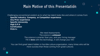Main Motive of this Presentation
Challenging conventional wisdom as to what top talent looks like and where it comes from
• Specific industry, Company, or Competitor experience.
• Any Prior experience
• Specific University
• High G.P.A
• Certification
• M.B.A's
We need Assessments
The science is unbiased
The science is smarter than you, and your hiring manager
Fill in love with the technology, it will change your life!
You can find great talent hidden in horrible culture organization, many times who will be
more success than those coming from great cultures
 