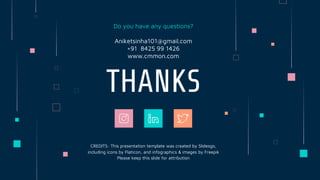 CREDITS: This presentation template was created by Slidesgo,
including icons by Flaticon, and infographics & images by Freepik
THANKS
Do you have any questions?
Aniketsinha101@gmail.com
+91 8425 99 1426
www.cmmon.com
Please keep this slide for attribution
 