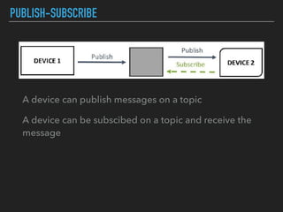 PUBLISH-SUBSCRIBE
A device can publish messages on a topic
A device can be subscibed on a topic and receive the
message
 