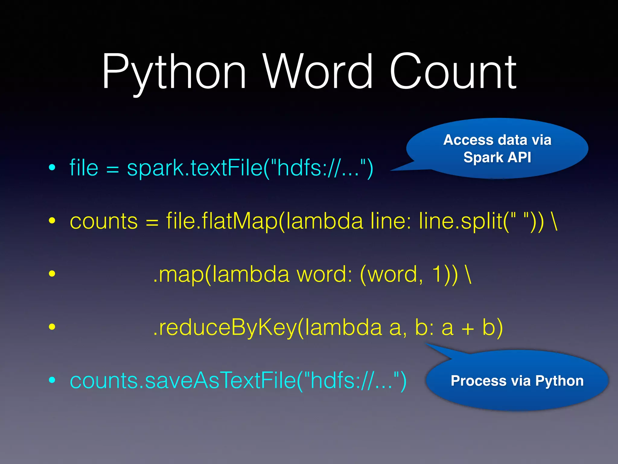 Python Word Count
• ﬁle = spark.textFile("hdfs://...")
• counts = ﬁle.ﬂatMap(lambda line: line.split(" ")) 
• .map(lambda word: (word, 1)) 
• .reduceByKey(lambda a, b: a + b)
• counts.saveAsTextFile("hdfs://...")
Access data via
Spark API
Process via Python
 