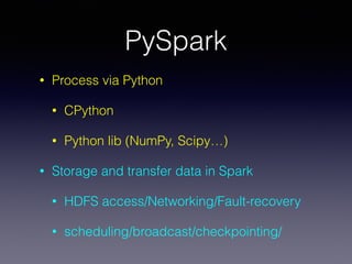 PySpark
• Process via Python
• CPython
• Python lib (NumPy, Scipy…)
• Storage and transfer data in Spark
• HDFS access/Net...