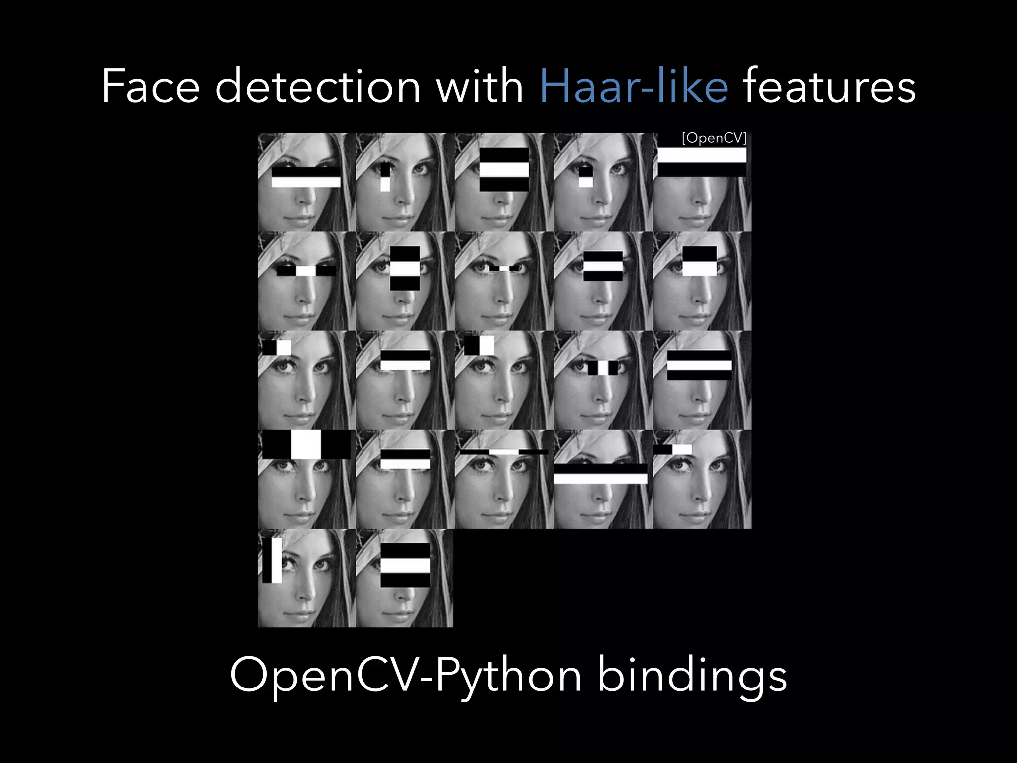 Face detection with Haar-like features
[OpenCV]
OpenCV-Python bindings
 