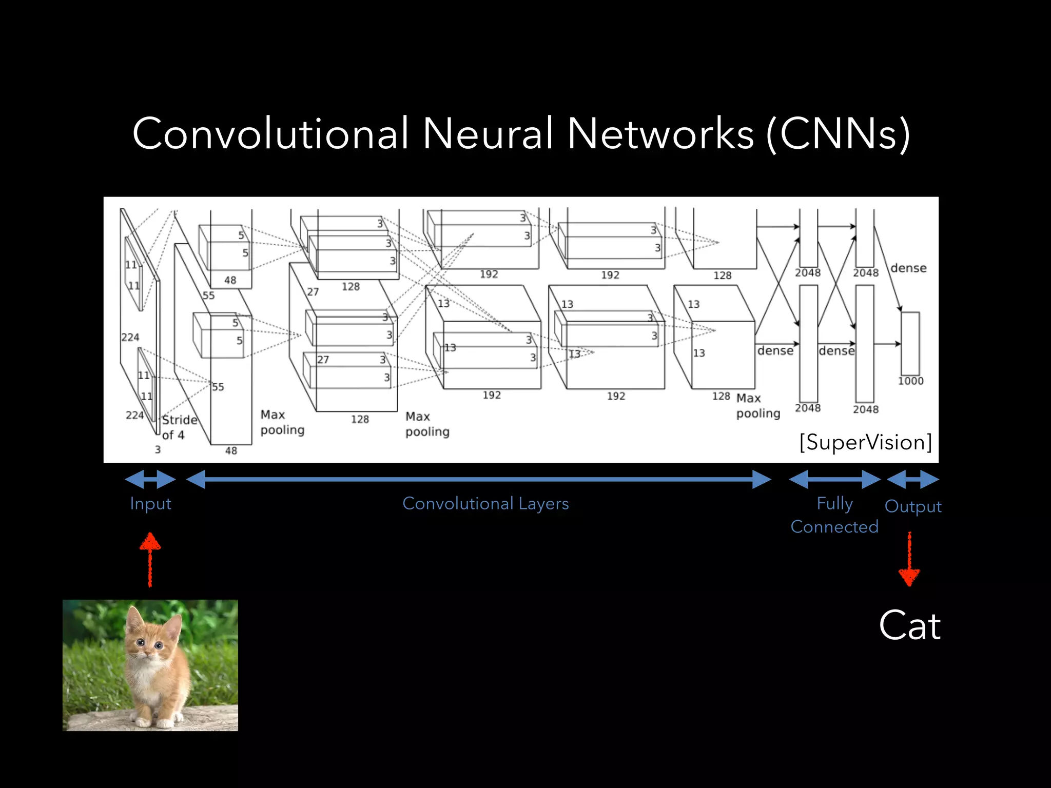 Convolutional Neural Networks (CNNs)
[SuperVision]
Input Convolutional Layers Fully
Connected
Output
Cat
 