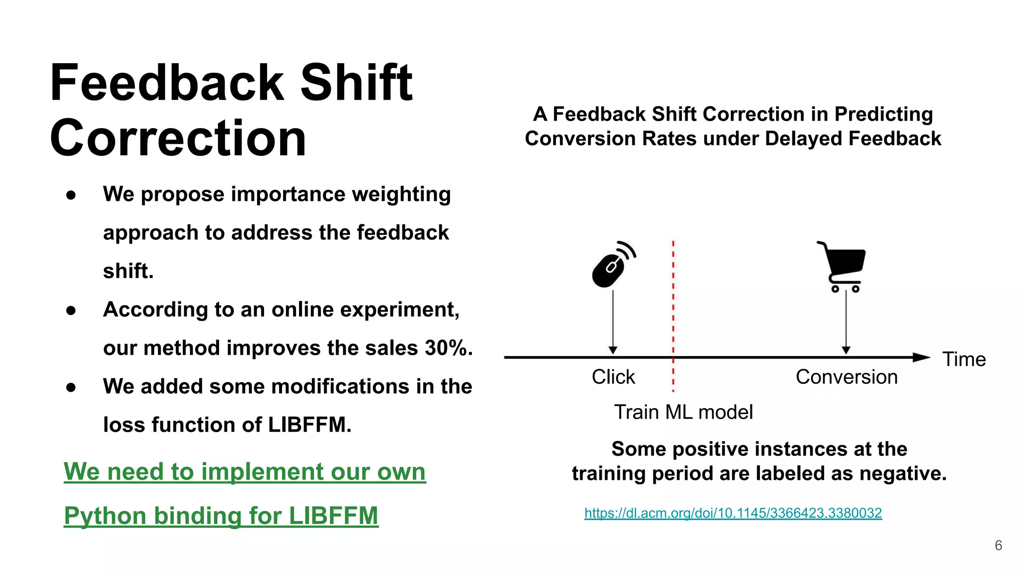 6
Feedback Shift
Correction
● We propose importance weighting
approach to address the feedback
shift.
● According to an online experiment,
our method improves the sales 30%.
● We added some modifications in the
loss function of LIBFFM.
https://dl.acm.org/doi/10.1145/3366423.3380032
We need to implement our own
Python binding for LIBFFM
A Feedback Shift Correction in Predicting
Conversion Rates under Delayed Feedback
Click Conversion
Train ML model
Time
Some positive instances at the
training period are labeled as negative.
 