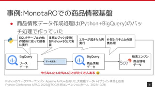 Pythonのワークフローエンジン Apache Airflowを用いた大規模データパイプライン構築と改善
Python Conference APAC 2023@TOC有明コンベンションホール 2023/10/28
事例:MonotaROでの商品情報基盤
11
● 商品情報データ作成処理は(Python+BigQuery)のバッ
チ処理で作っていた
BigQuery
ソース
データ
BigQuery
商品情報
データ
データ変換
検索エンジン
商品情報
データ
SQLをテーブルの依
存関係に従って順番
に実行
業務ロジック(変換)
をPython+SQLで実
装
エラーが起きたら再
実行
外部システムとの連
携処理
やらないといけないことがたくさんある 😅
 