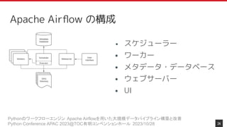 Pythonのワークフローエンジン Apache Airflowを用いた大規模データパイプライン構築と改善
Python Conference APAC 2023@TOC有明コンベンションホール 2023/10/28
Apache Airﬂow の構成
• スケジューラー
• ワーカー
• メタデータ・データベース
• ウェブサーバー
• UI
24
 