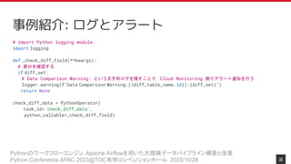Pythonのワークフローエンジン Apache Airflowを用いた大規模データパイプライン構築と改善
Python Conference APAC 2023@TOC有明コンベンションホール 2023/10/28
事例紹介: ログとアラート
# import Python logging module.
import logging
def _check_diff_field(**kwargs):
# 差分を確認する
if diff_set:
# Data Comparison Warning: という文字列ログを残すことで Cloud Monitoring 側でアラート通知を行う
logger.warning(f"Data Comparison Warning:[{diff_table_name.id}]:{diff_set}")
return None
check_diff_data = PythonOperator(
task_id='check_diff_data',
python_callable=_check_diff_field)
35
 