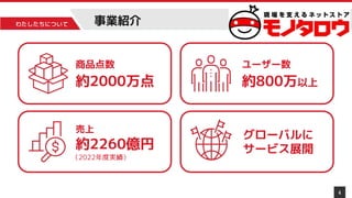 わたしたちについて
4
事業紹介
商品点数
約2000万点
ユーザー数
約800万以上
売上
約2260億円
グローバルに
サービス展開
（2022年度実績）
 