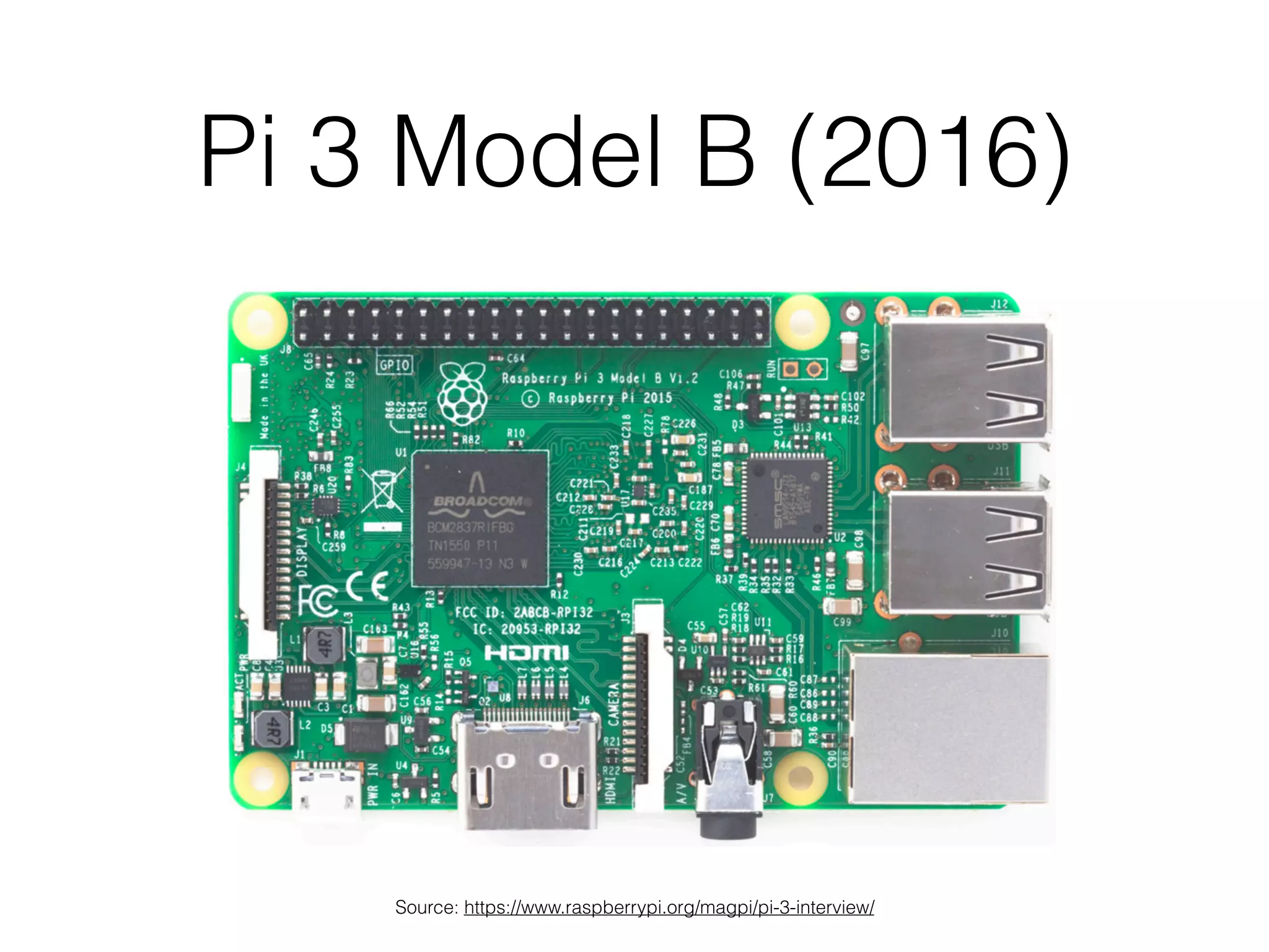 Pi 3 Model B (2016)
Source: https://www.raspberrypi.org/magpi/pi-3-interview/
 