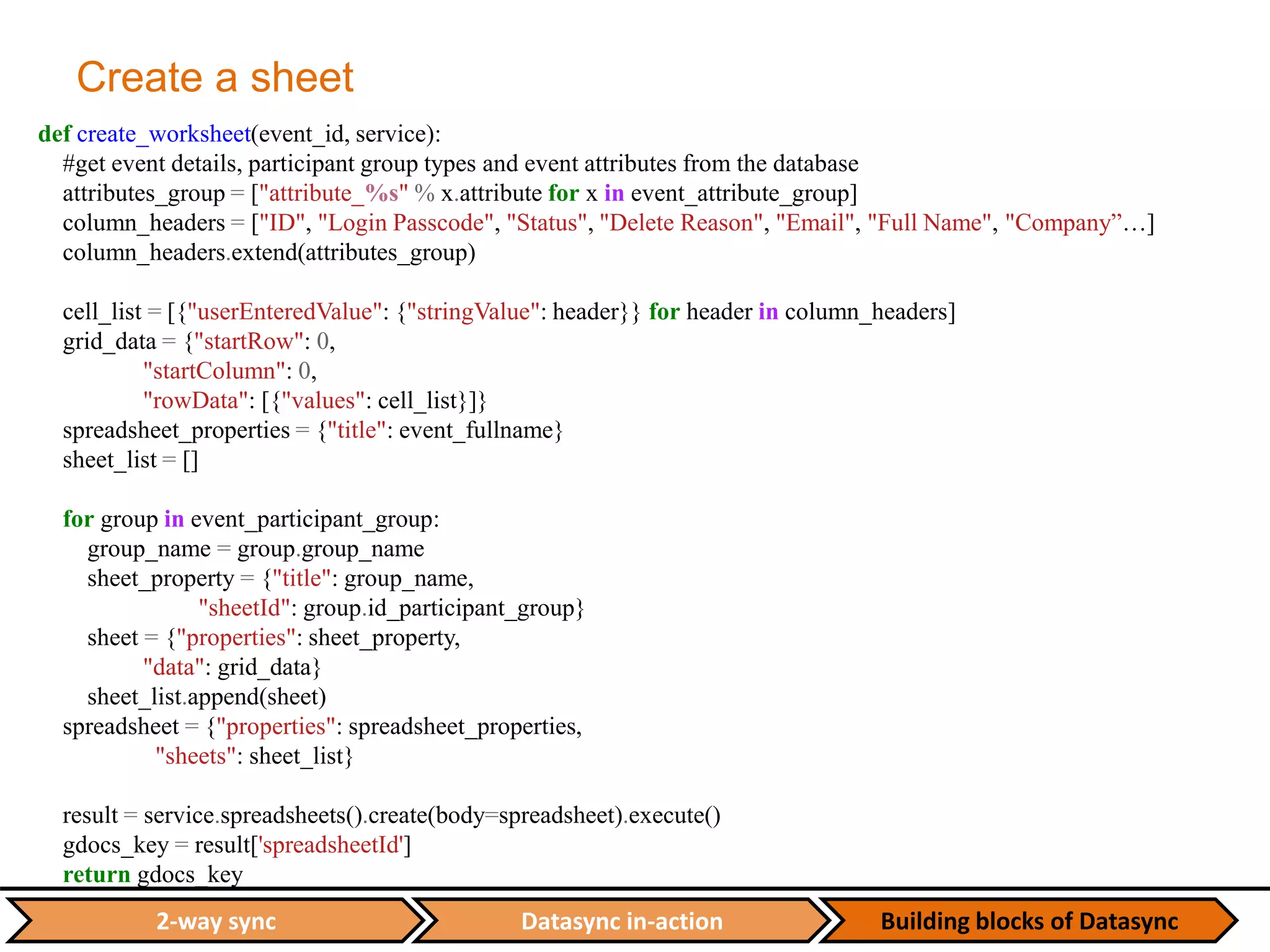 Datasync in-action Building blocks of Datasync2-way sync
Create a sheet
def create_worksheet(event_id, service):
#get event details, participant group types and event attributes from the database
attributes_group = ["attribute_%s" % x.attribute for x in event_attribute_group]
column_headers = ["ID", "Login Passcode", "Status", "Delete Reason", "Email", "Full Name", "Company”…]
column_headers.extend(attributes_group)
cell_list = [{"userEnteredValue": {"stringValue": header}} for header in column_headers]
grid_data = {"startRow": 0,
"startColumn": 0,
"rowData": [{"values": cell_list}]}
spreadsheet_properties = {"title": event_fullname}
sheet_list = []
for group in event_participant_group:
group_name = group.group_name
sheet_property = {"title": group_name,
"sheetId": group.id_participant_group}
sheet = {"properties": sheet_property,
"data": grid_data}
sheet_list.append(sheet)
spreadsheet = {"properties": spreadsheet_properties,
"sheets": sheet_list}
result = service.spreadsheets().create(body=spreadsheet).execute()
gdocs_key = result['spreadsheetId']
return gdocs_key
 