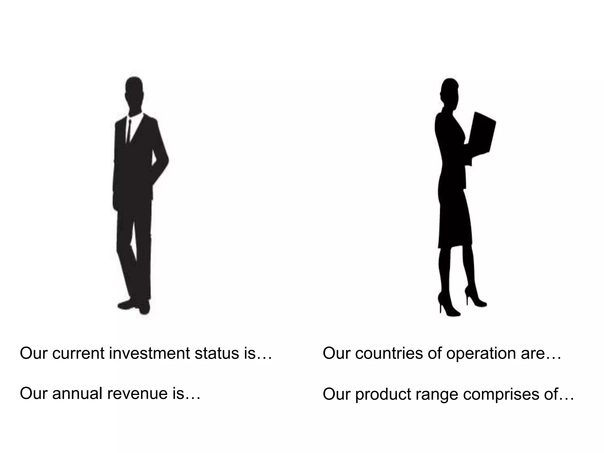 Our current investment status is…
Our annual revenue is… Our product range comprises of…
Our countries of operation are…
 