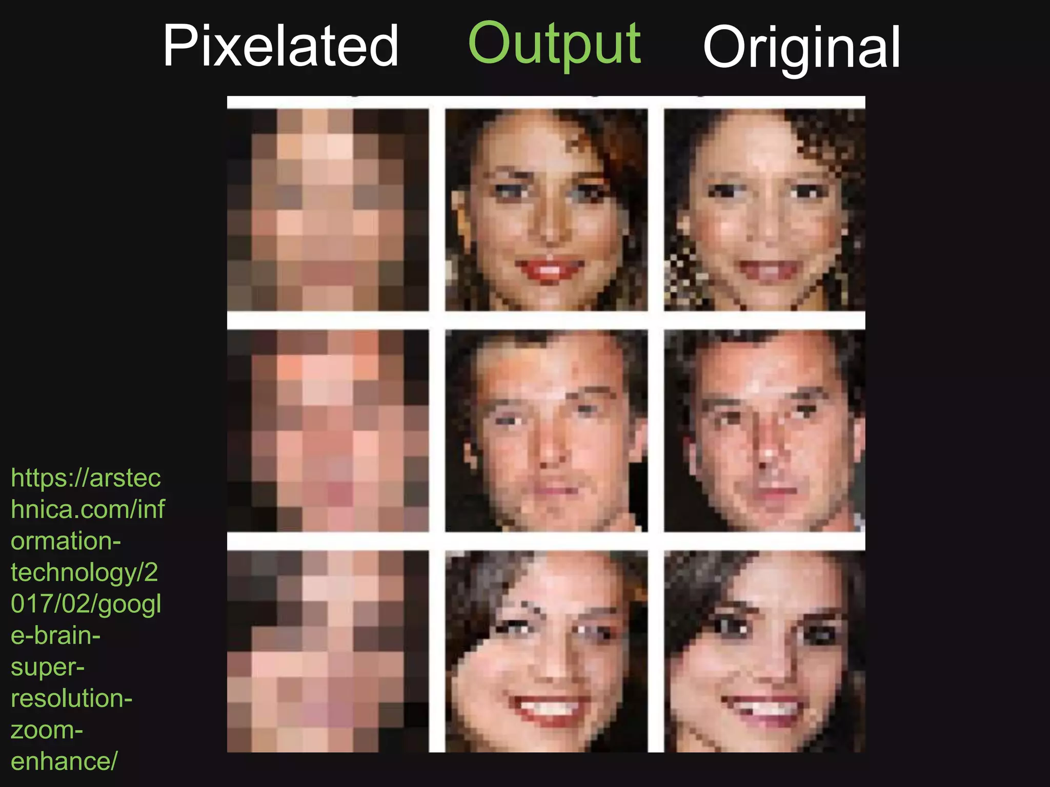 Pixelated OriginalOutput
https://arstec
hnica.com/inf
ormation-
technology/2
017/02/googl
e-brain-
super-
resolution-
zoom-
enhance/
 