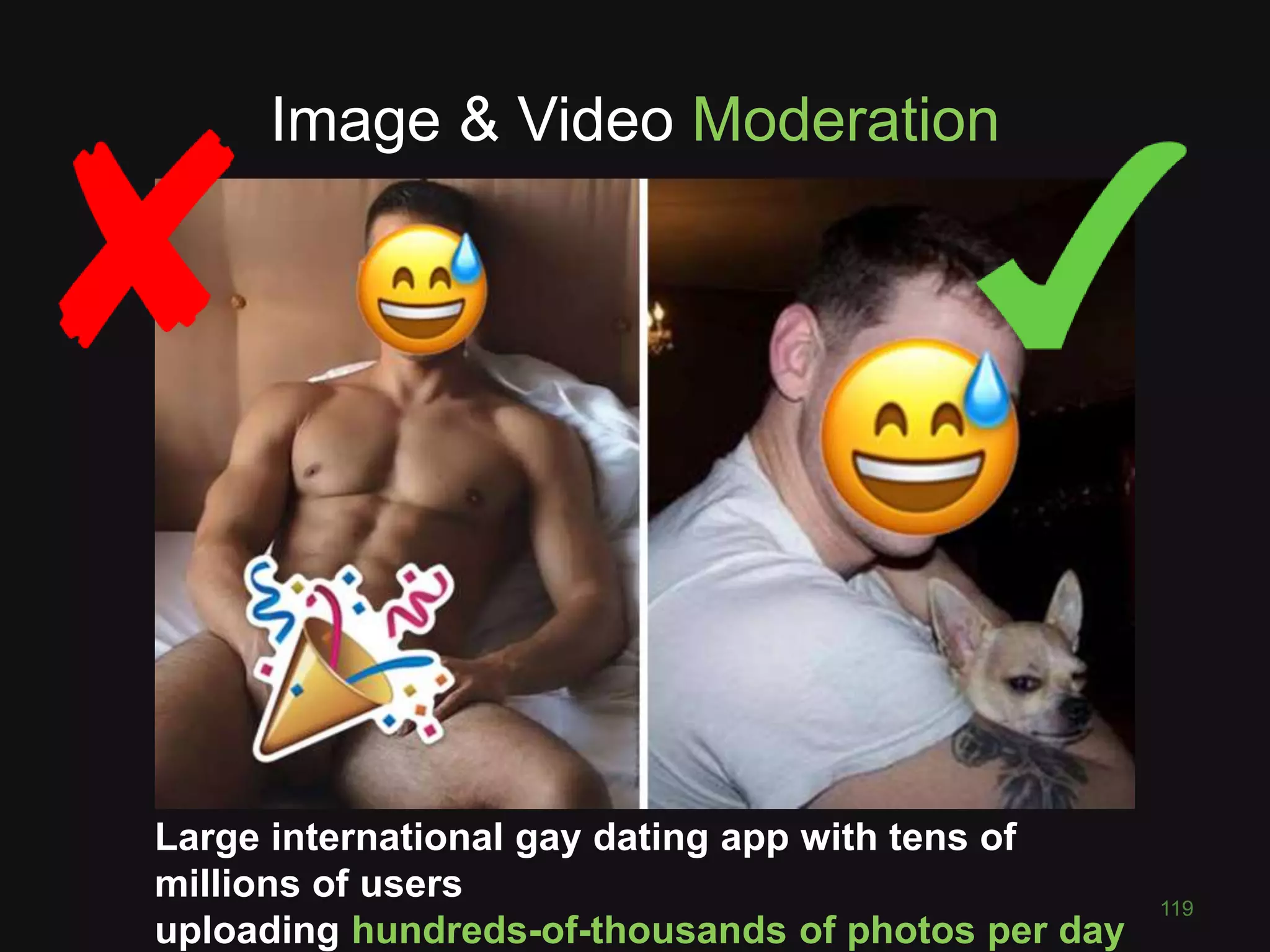 Image & Video Moderation
TODO
119
Large international gay dating app with tens of
millions of users
uploading hundreds-of-thousands of photos per day
 