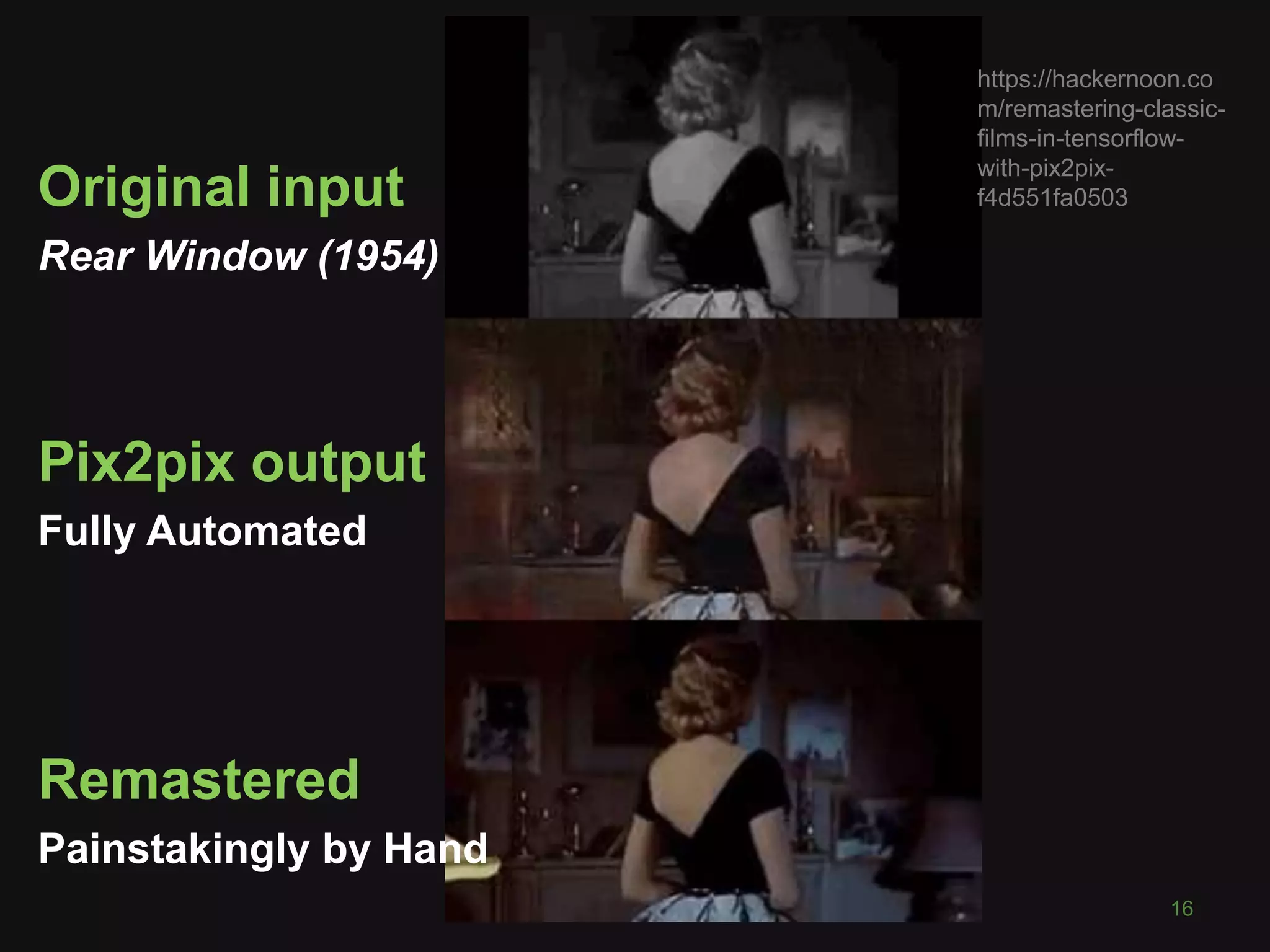 16
Original input
Rear Window (1954)
Pix2pix output
Fully Automated
Remastered
Painstakingly by Hand
https://hackernoon.co
m/remastering-classic-
films-in-tensorflow-
with-pix2pix-
f4d551fa0503
 