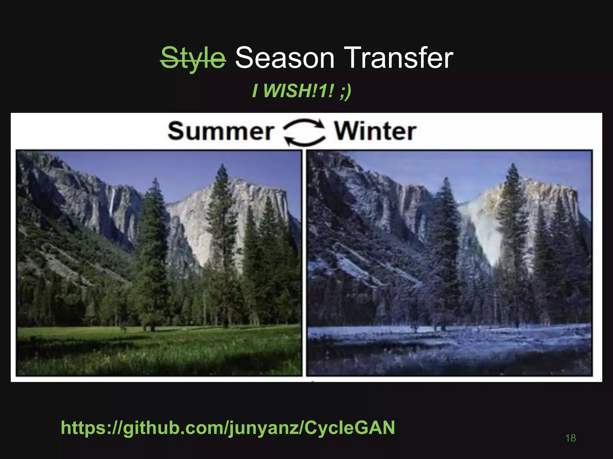 Style Season Transfer
https://github.com/junyanz/CycleGAN 18
I WISH!1! ;)
 