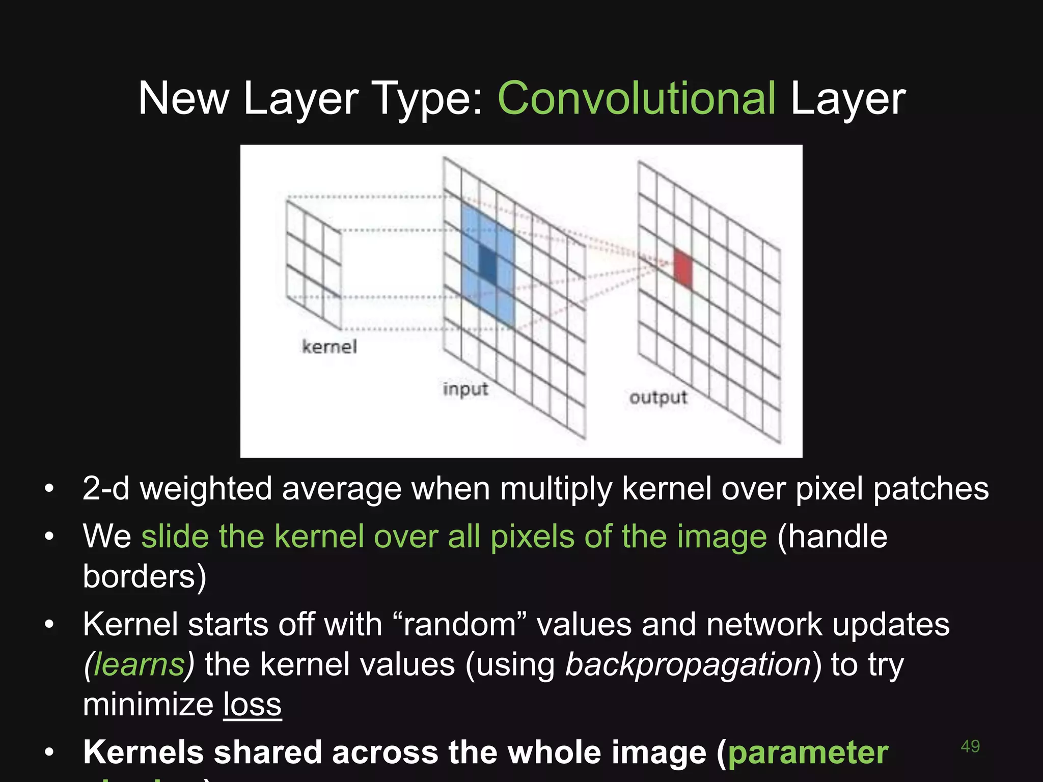 New Layer Type: Convolutional Layer
49
• 2-d weighted average when multiply kernel over pixel patches
• We slide the kernel over all pixels of the image (handle
borders)
• Kernel starts off with “random” values and network updates
(learns) the kernel values (using backpropagation) to try
minimize loss
• Kernels shared across the whole image (parameter
 