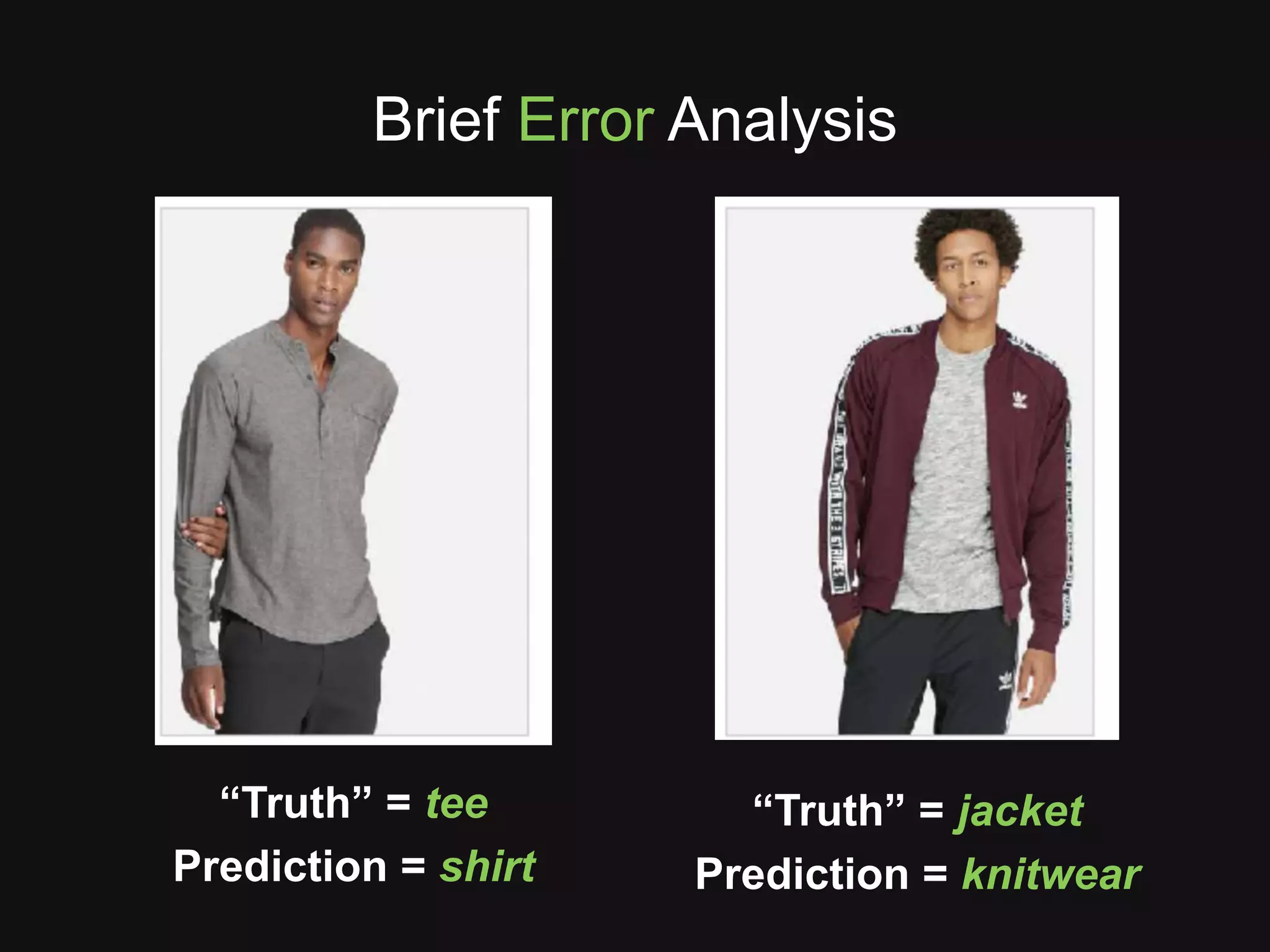 Brief Error Analysis
“Truth” = tee
Prediction = shirt
“Truth” = jacket
Prediction = knitwear
 