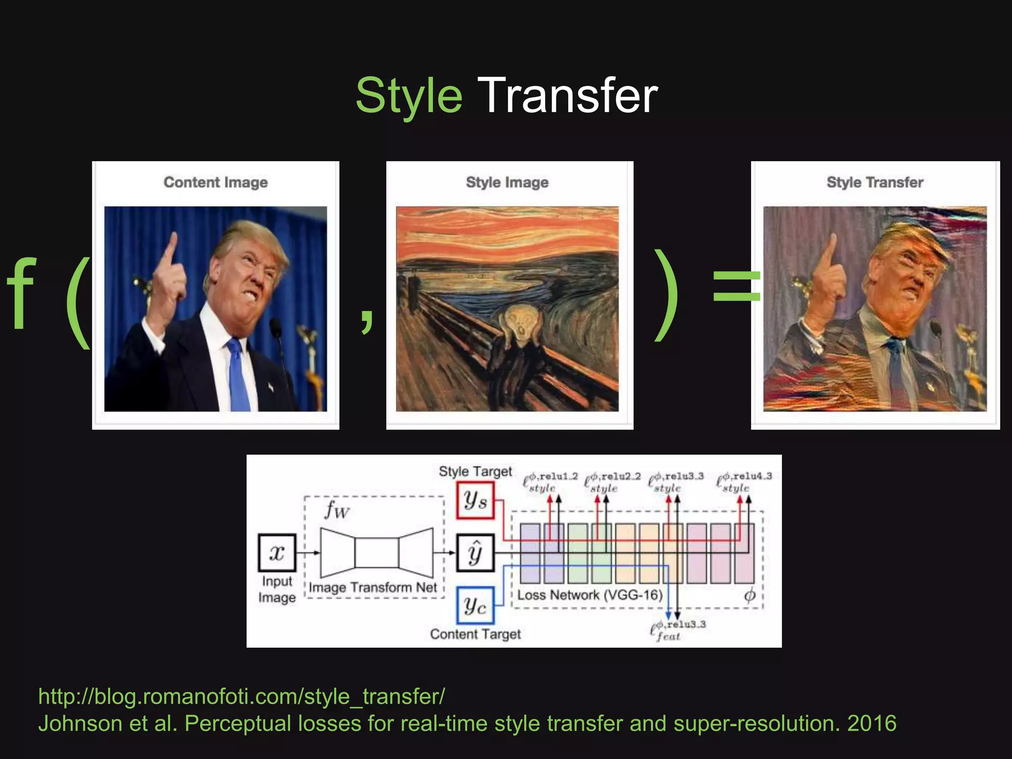 http://blog.romanofoti.com/style_transfer/
Johnson et al. Perceptual losses for real-time style transfer and super-resolution. 2016
Style Transfer
f ( ) =,
 