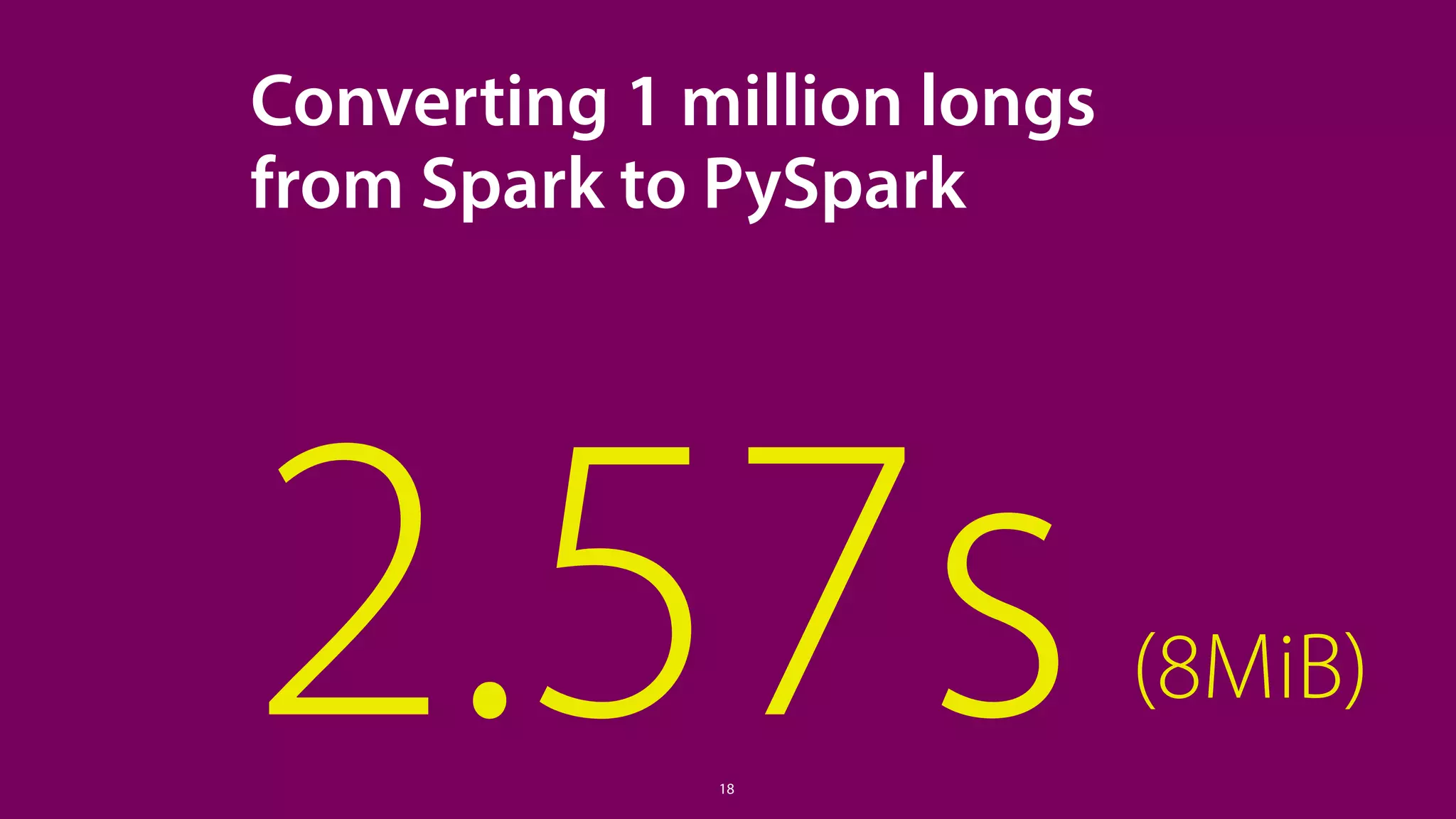 2.57s
Converting 1 million longs
from Spark to PySpark
18
(8MiB)
 