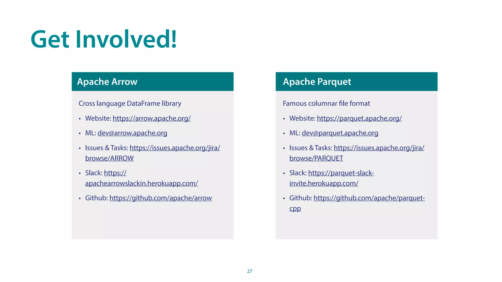Cross language DataFrame library
• Website: https://arrow.apache.org/
• ML: dev@arrow.apache.org
• Issues & Tasks: https://issues.apache.org/jira/
browse/ARROW
• Slack: https://
apachearrowslackin.herokuapp.com/
• Github: https://github.com/apache/arrow
Apache Arrow Apache Parquet
Famous columnar file format
• Website: https://parquet.apache.org/
• ML: dev@parquet.apache.org
• Issues & Tasks: https://issues.apache.org/jira/
browse/PARQUET
• Slack: https://parquet-slack-
invite.herokuapp.com/
• Github: https://github.com/apache/parquet-
cpp
27
Get Involved!
 